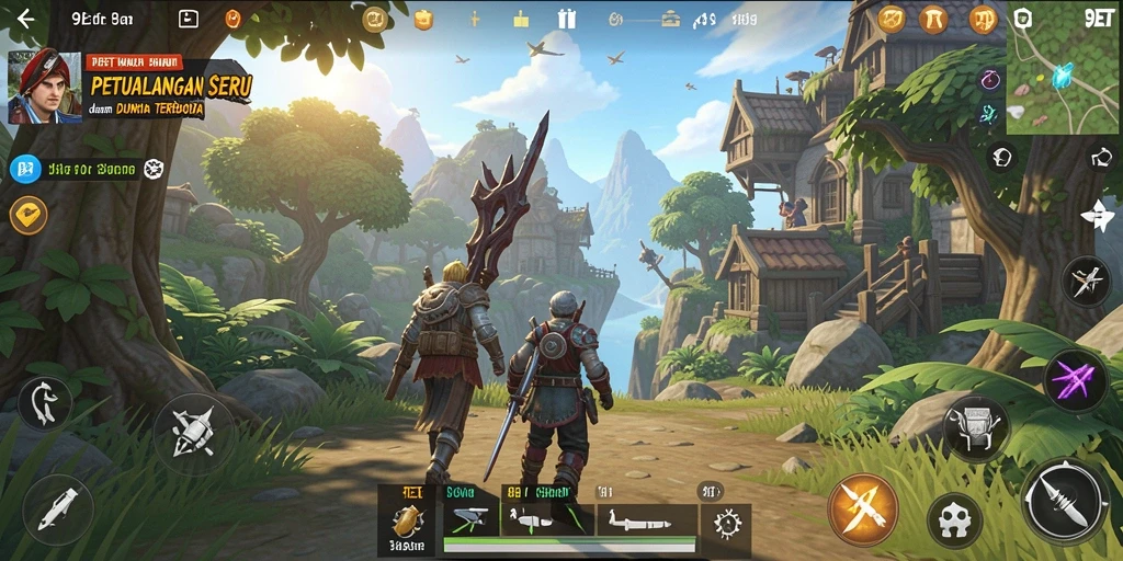 Screenshot gameplay 9ET yang menunjukkan eksplorasi dunia terbuka.