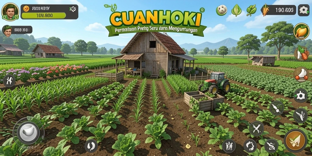 Tangkapan layar gameplay CUANHOKI dengan ladang hijau subur.