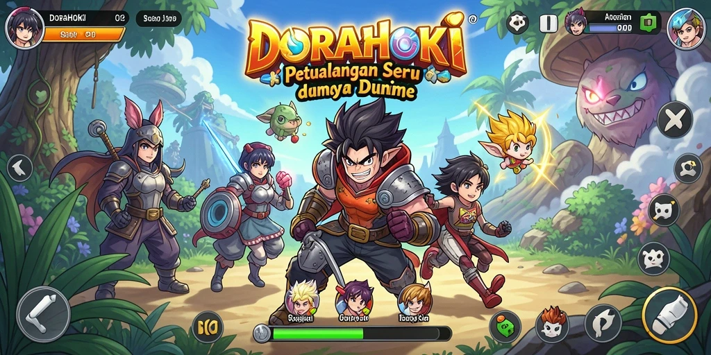 Tampilan gameplay DORAHOKI dengan aksi seru dan karakter anime.