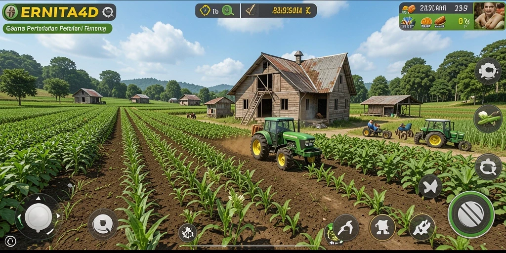 Tampilan screenshot utama ERNITA4D menampilkan kebun yang subur dan hewan ternak.