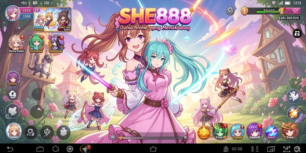 Gameplay utama SHE888 menampilkan karakter anime ikonis dalam aksi.