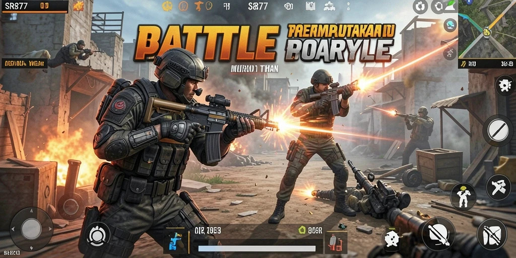 Tampilan seru gameplay SR877 dengan aksi Battle Royale.