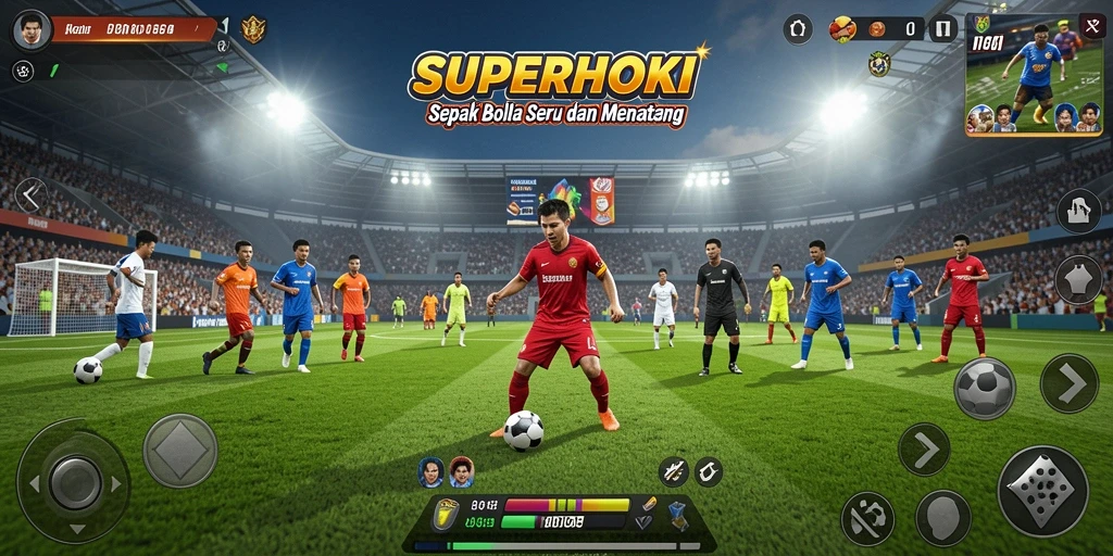 Screenshot SUPERHOKI menunjukkan aksi pemain di lapangan sepak bola.