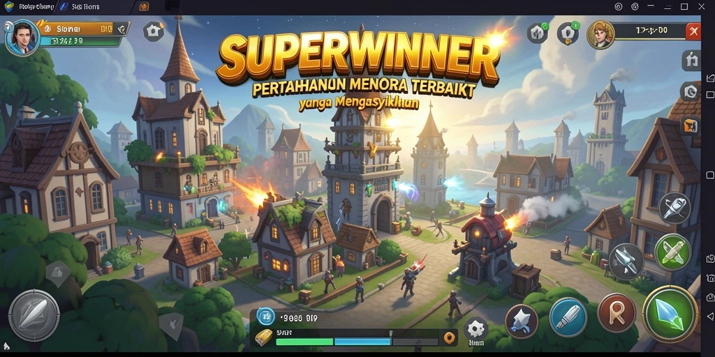 Tangkapan layar gameplay SUPERWINNER menampilkan menara pertahanan yang strategis.