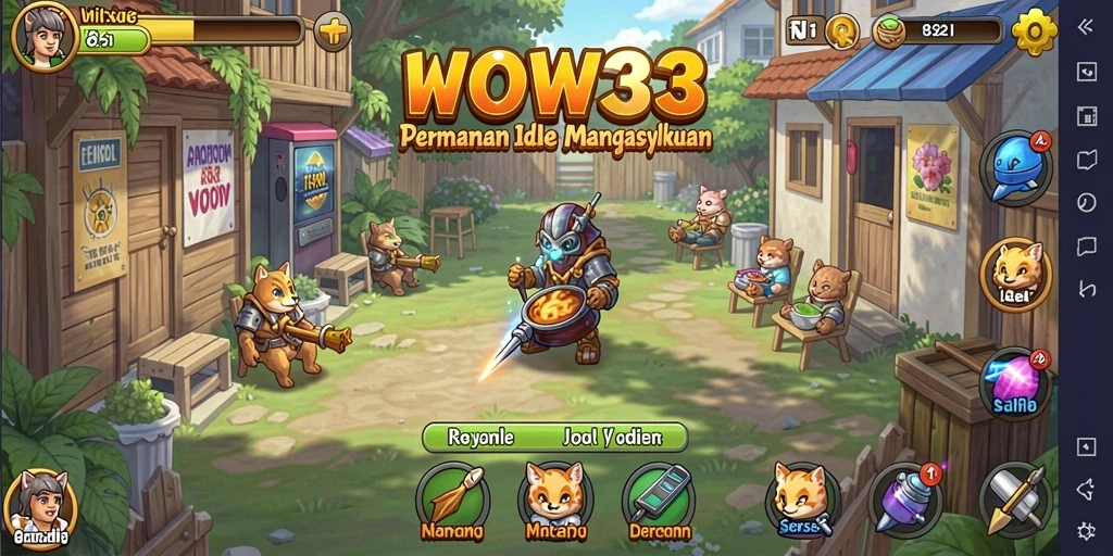 Screenshot gameplay WOW33 yang menunjukkan perkembangan karakter dalam game Idle.